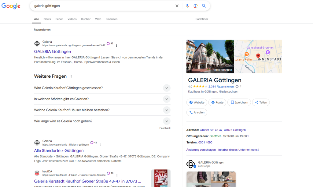 Unternehmensprofil in SERP Beispiel